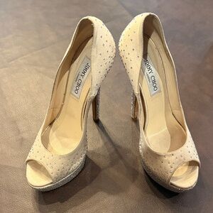 Jimmy Choo Cream Crystal Peep-Toe Stiletto Pumps